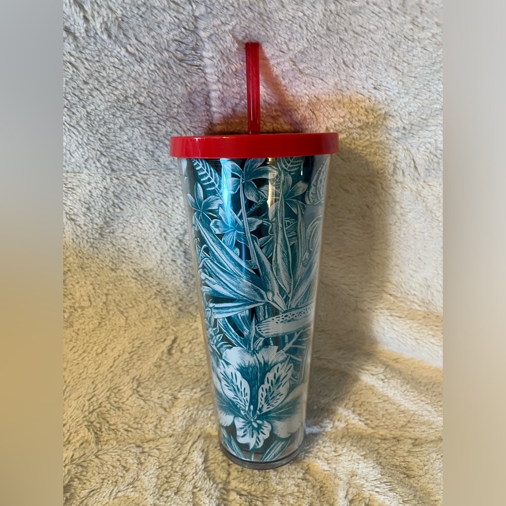 STARBUCKS 2016 Teal Blue Tropical Hawaiian Flowers Tumbler Venti 24oz Red Lid